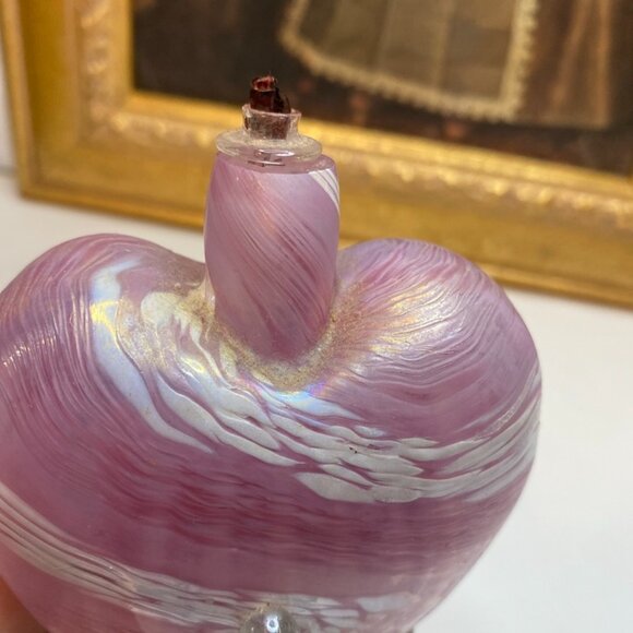 Mount St. Helens Ash Art Glass Footed Pink Heart Shape Oil Lamp Used Signed - Picture 2 of 12